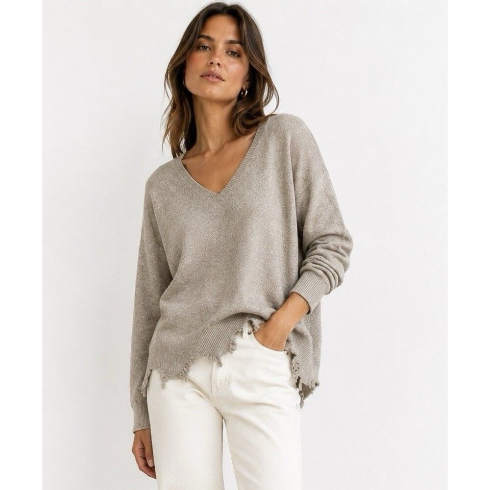 Venti6 Italy Distressed Hem Sweater Gray Brown Viscose V Neck Oversized L/XL